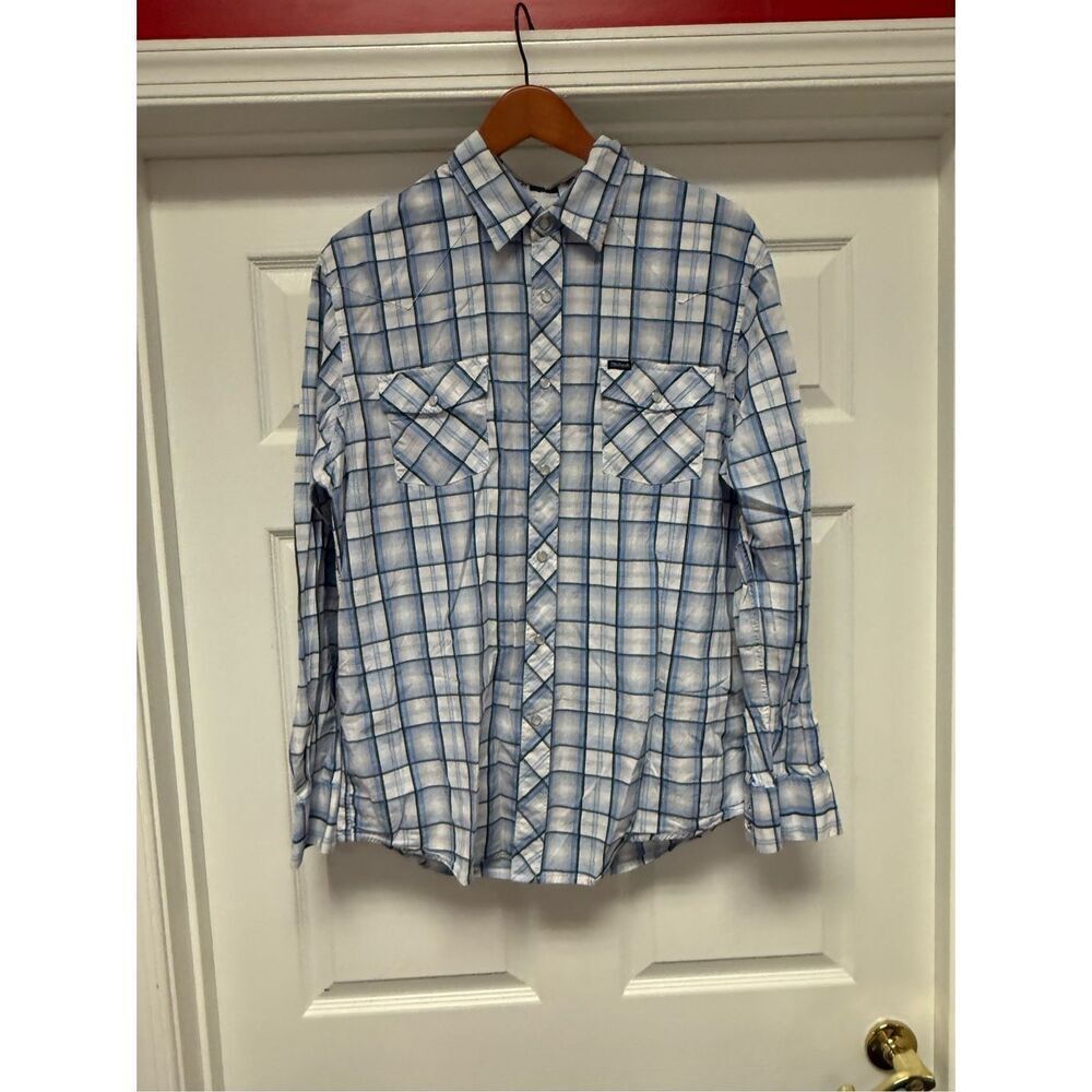Bullhead Western Style Blue Plaid Pearl Snap Shirt sz L